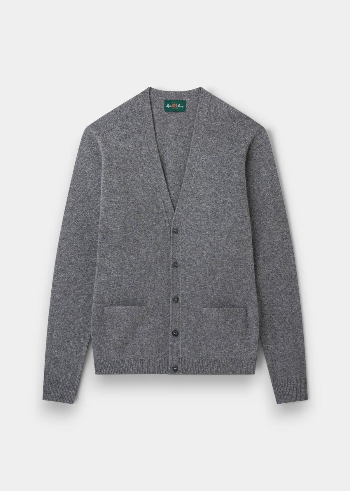 Cornwall Lambswool V-Neck Cardigan in Grey Mix, classic fit, buttoned with two pockets, shown flat on white.