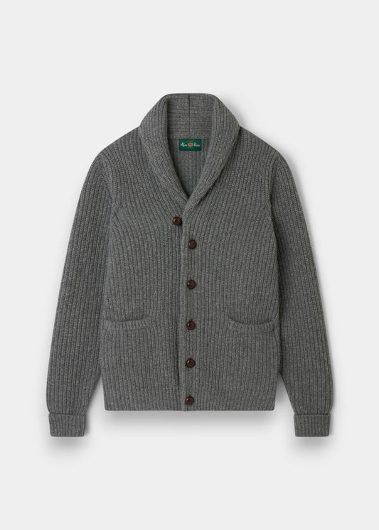 Alan Paine Usworth grey lambswool shawl collar cardigan with button front and ribbed knit texture