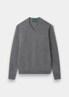 Alan Paine grey mix V-neck jumper in soft lambswool with a classic fit, saddle shoulders, and ribbed trim.