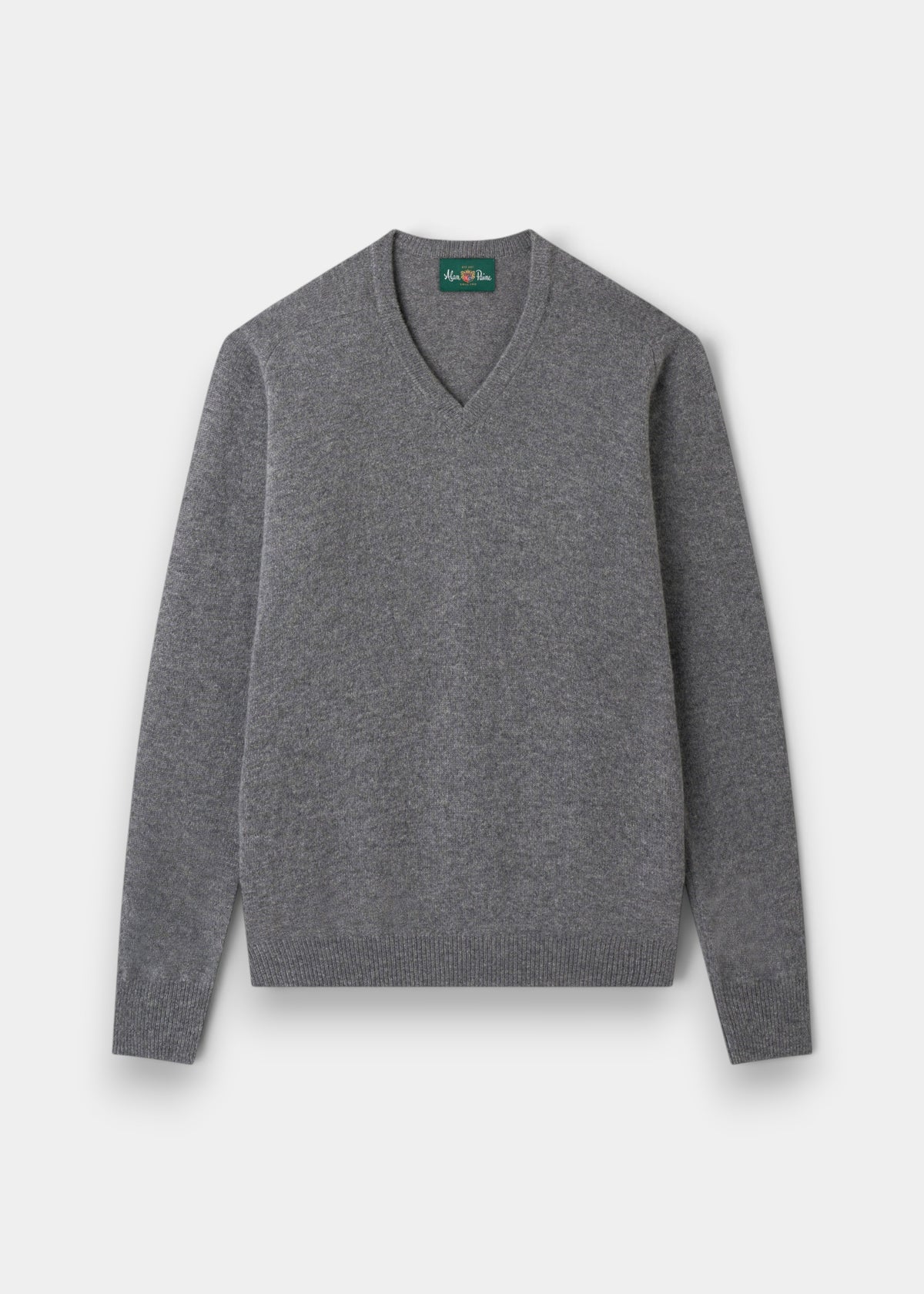 Hampshire Lambswool V-Neck Jumper in Grey Mix, classic fit; soft, all-season sweater laid flat on white background.