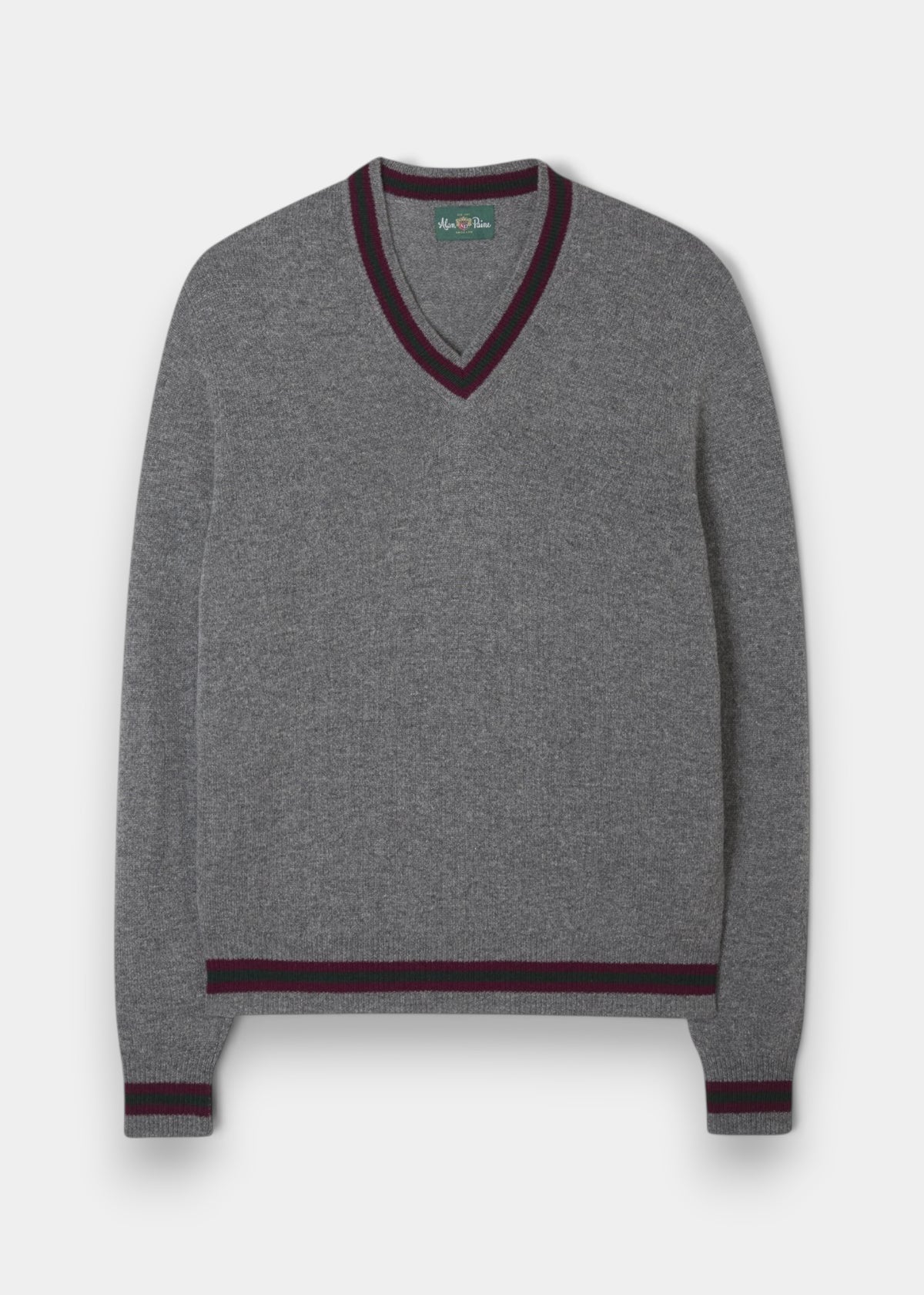 Limited Edition Commemorative Lambswool Sweater in Grey Mix with heritage trim, shown flat on white background.
