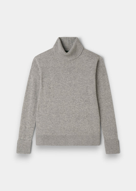 Alexa Wool & Cashmere Roll Neck Jumper in Husky with ribbed cuffs, collar & hem, shown flat on white background.