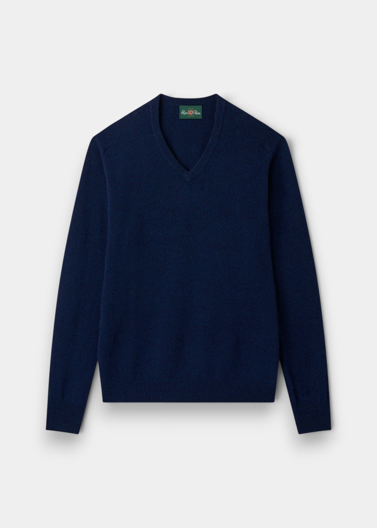 Hampshire Lambswool V-Neck Jumper in Indigo, classic fit, long sleeves, shown flat on a white background.