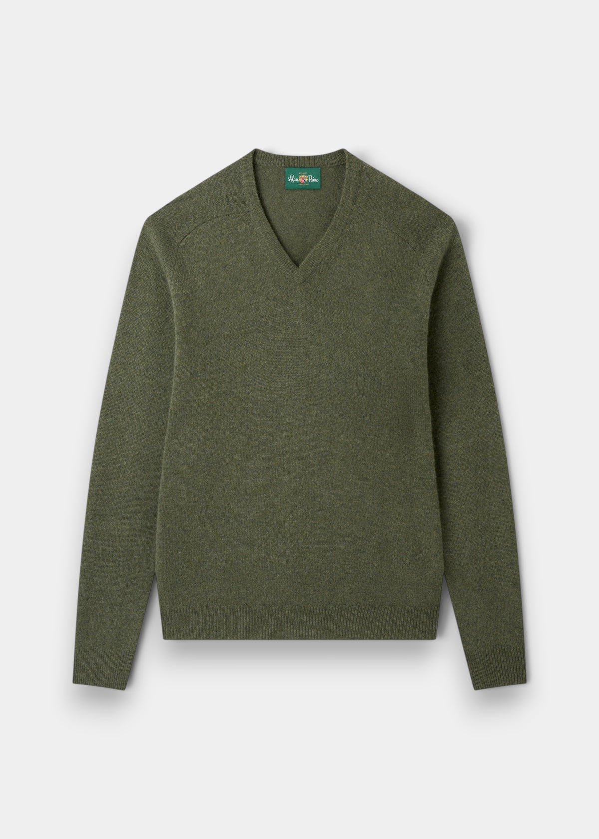 Kilsyth Lambswool V-Neck Jumper in Landscape, regular fit, olive green, laid flat on a white background.
