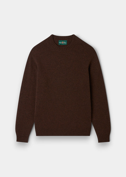 Alan Paine Kinnadie coffee brown crew neck jumper in supersoft Shetland and lambswool blend with ribbed cuffs and hem.