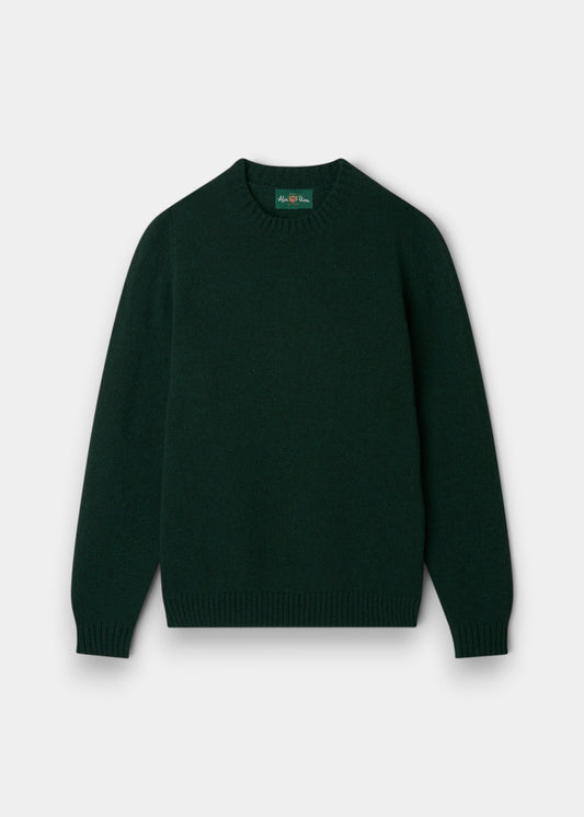 Alan Paine Kinnadie dark green crew neck Shetland wool jumper in a regular fit with long sleeves.