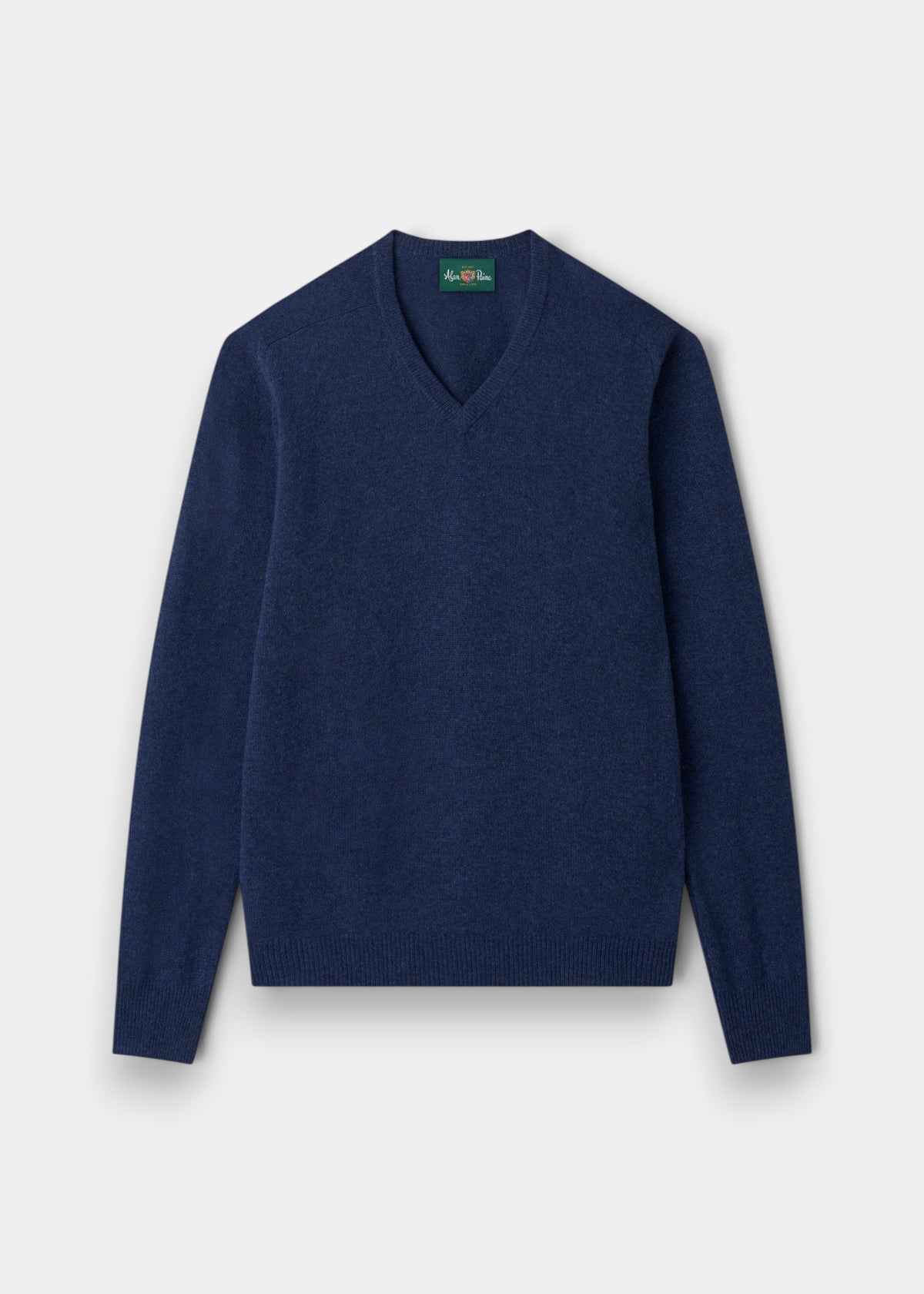 Hampshire Lambswool V-Neck Jumper in Rhapsody, classic fit, with saddle shoulders, shown flat on white.