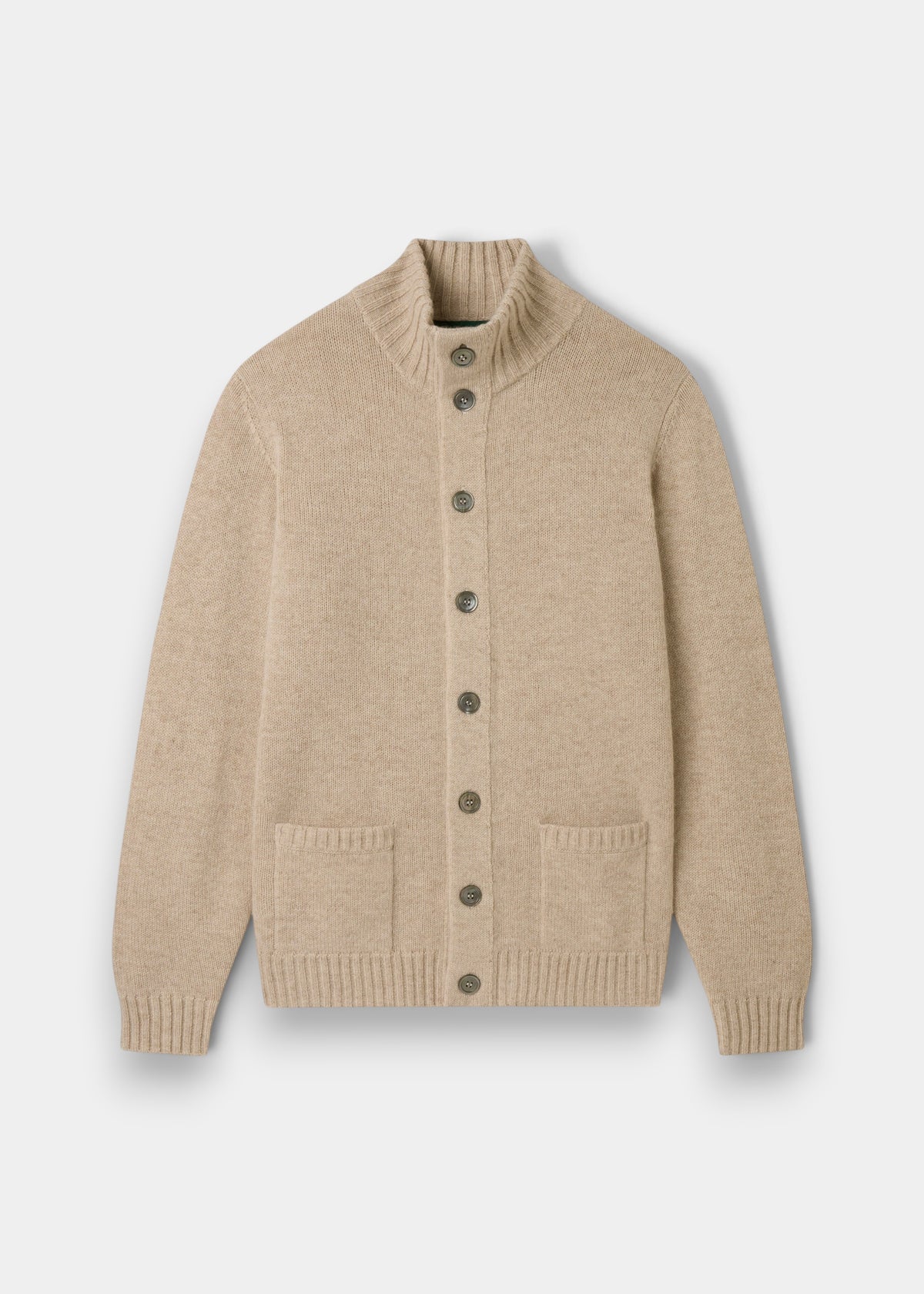 Landford Lambswool Buttoned Mock Neck Jumper in Linen, regular fit, with front buttons and two pockets, laid flat.