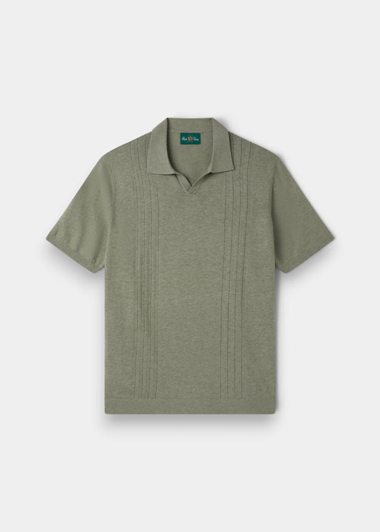 Alan Paine Shipford men's short sleeve polo shirt in landscape green wool linen silk blend with open collar detail
