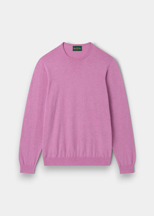 Alan Paine men's lavender crew neck jumper in a soft Pima cotton, silk, and cashmere blend with ribbed cuffs and hem.