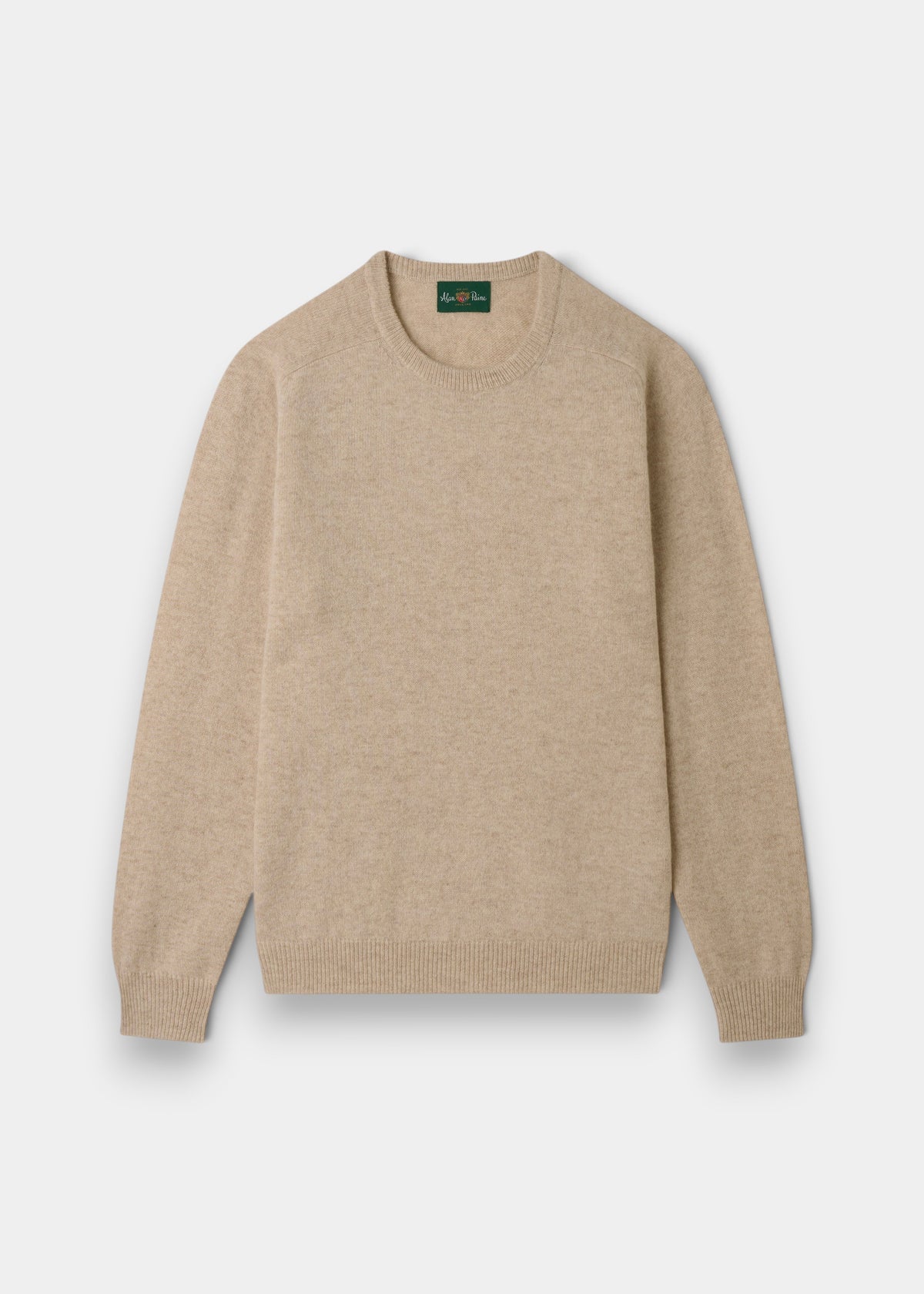Lenzie Lambswool Crew Neck Jumper in Linen, regular fit, shown laid flat with ribbed cuffs and collar.