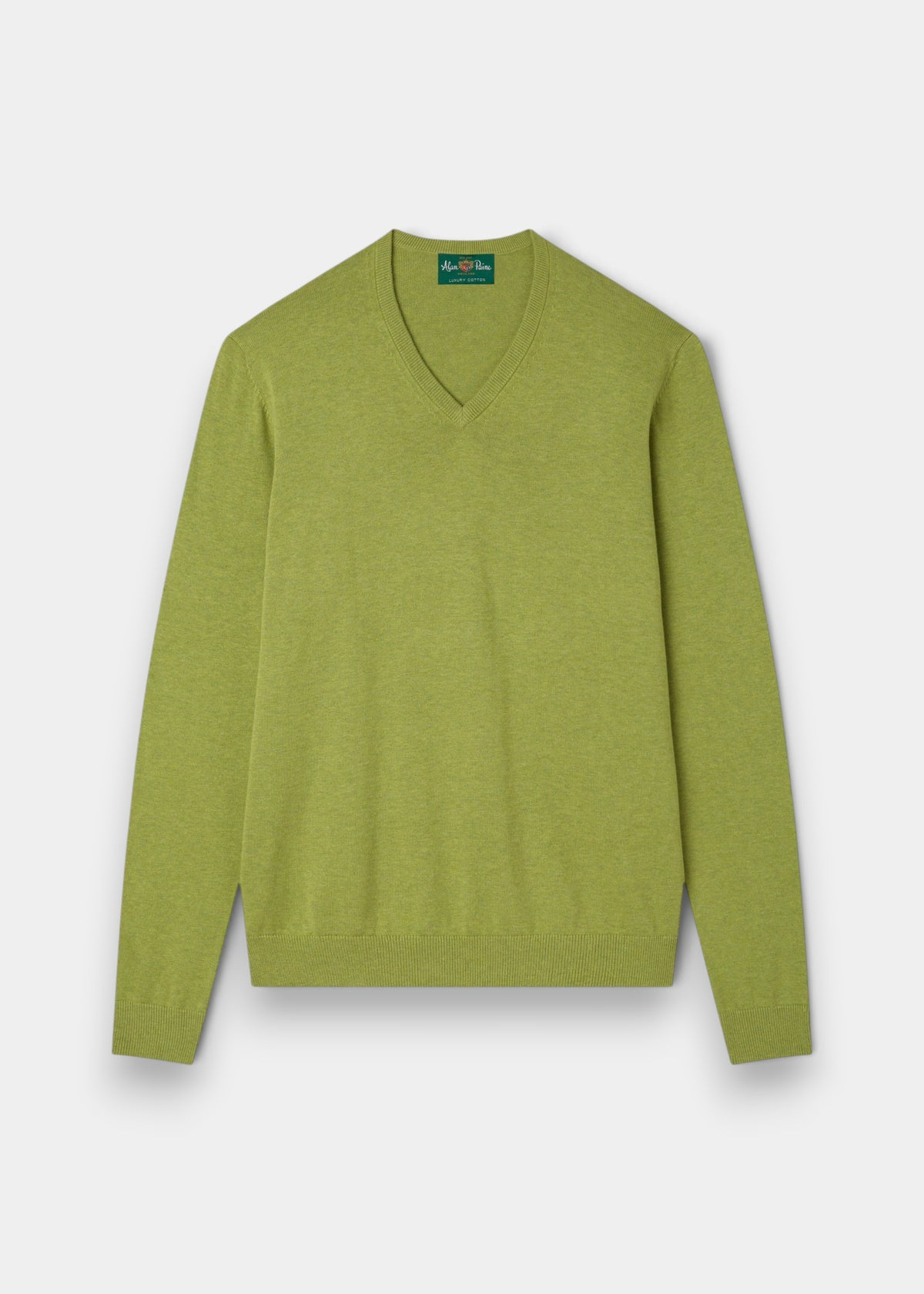 Alan Paine Rothwell v-neck jumper in lichen green, crafted from a soft Pima cotton and cashmere blend.