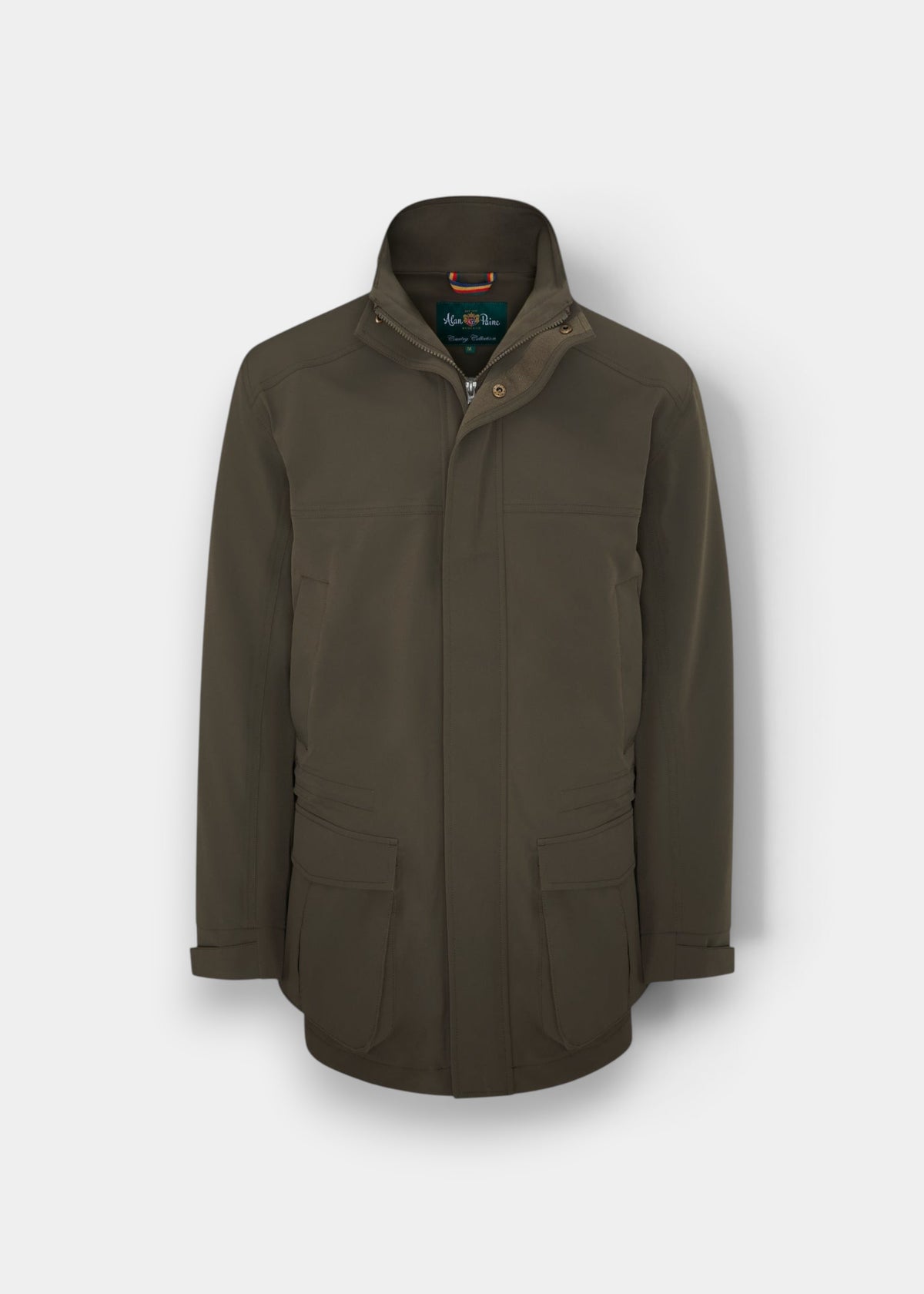 Lockwood Men’s Shooting Coat in Olive, shooting fit, high collar and flap pockets, shown on a plain white background.