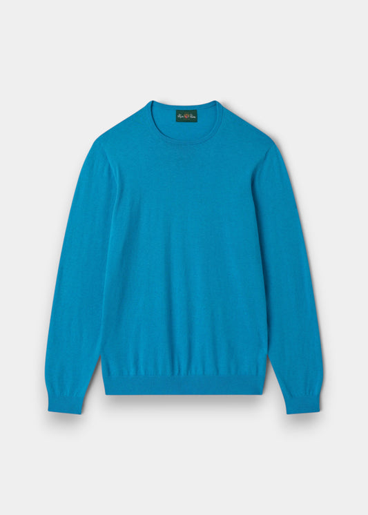 Alan Paine luxury crew neck jumper in Malibu blue, crafted from a soft blend of Pima cotton, silk, and cashmere.