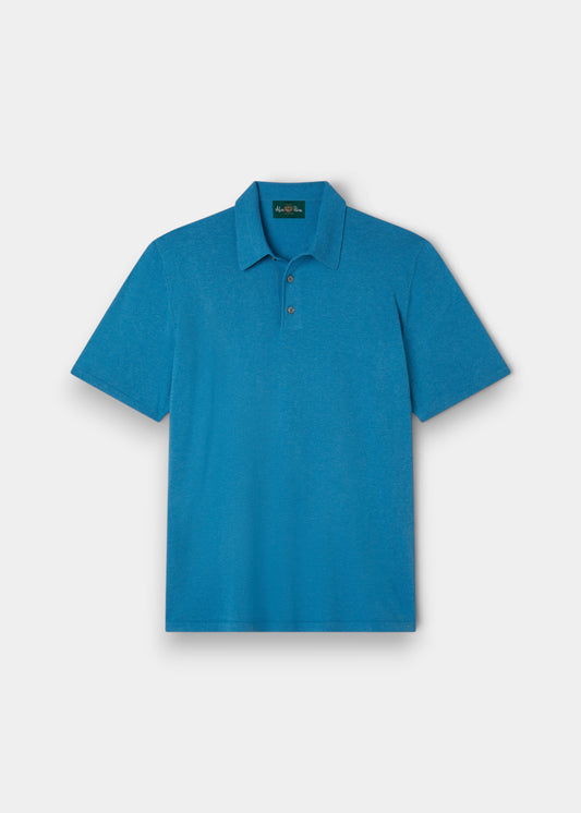 Alan Paine men's luxury polo shirt in Malibu blue, crafted from a soft blend of Pima cotton, silk, and cashmere.