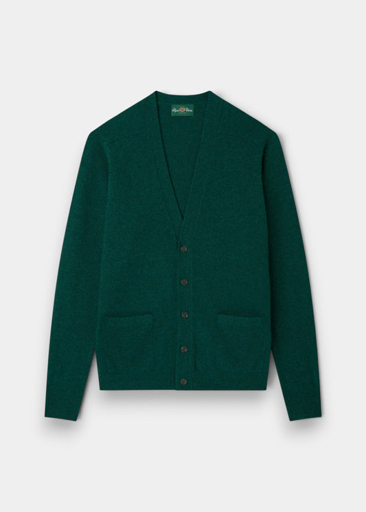Alan Paine Cornwall classic fit v-neck cardigan in mallard green lambswool with five buttons and two jetted pockets
