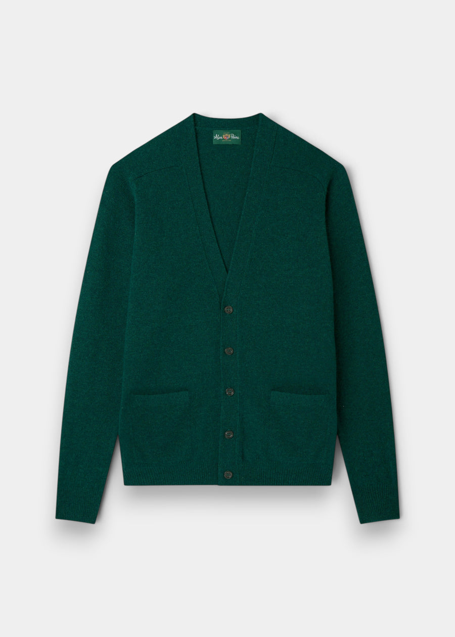 Cornwall Lambswool V-Neck Cardigan in Mallard, classic fit, button-up with two pockets, shown on light background.