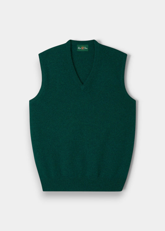 Alan Paine Norfolk men's classic fit V-neck slipover in mallard green pure lambswool with ribbed hem and cuffs