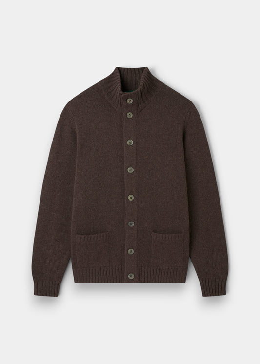 Alan Paine Landford men's mocha brown lambswool cardigan with a mock neck, button front, and two front pockets.