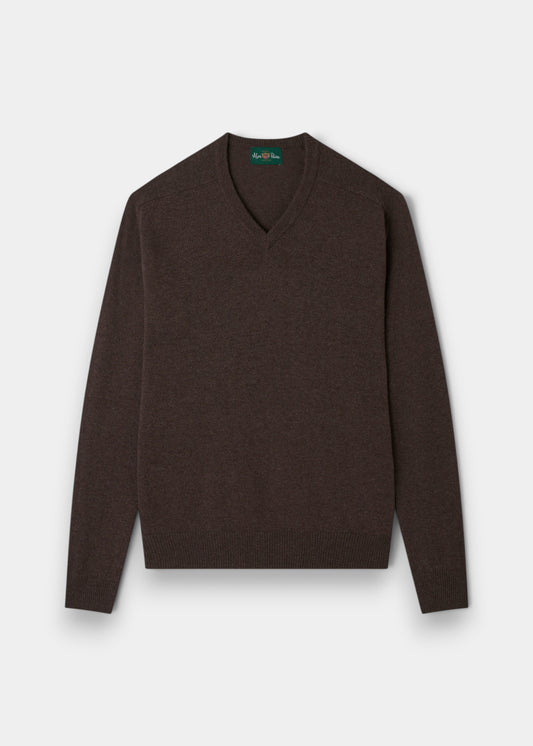 Alan Paine mocha brown V-neck jumper in soft lambswool with traditional saddle shoulder and ribbed hem