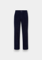 Alan Paine navy corduroy trousers for men featuring a button fly and classic straight leg fit.