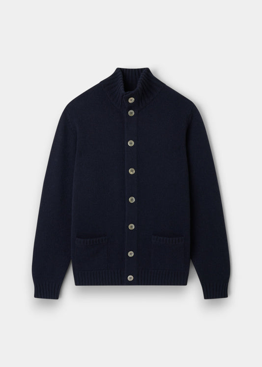 Alan Paine navy lambswool buttoned cardigan with a ribbed mock neck collar and front pockets.