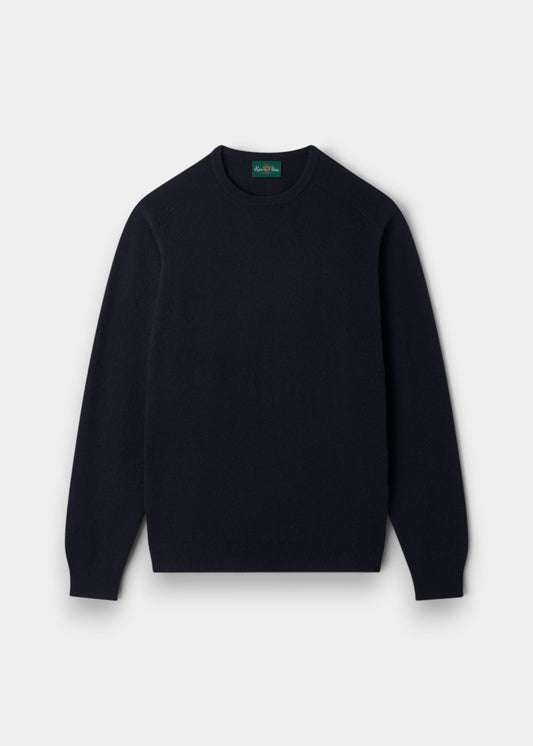 Alan Paine navy crew neck jumper in soft lambswool with a classic fit, saddle shoulders, and ribbed cuffs and hem.