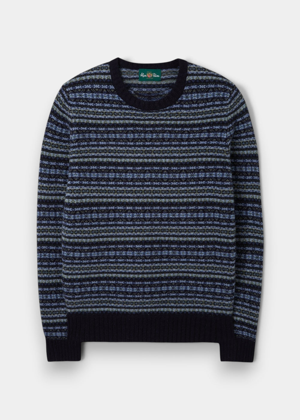 Alan Paine navy lambswool jumper featuring a traditional Fair Isle pattern with ribbed cuffs and hem.