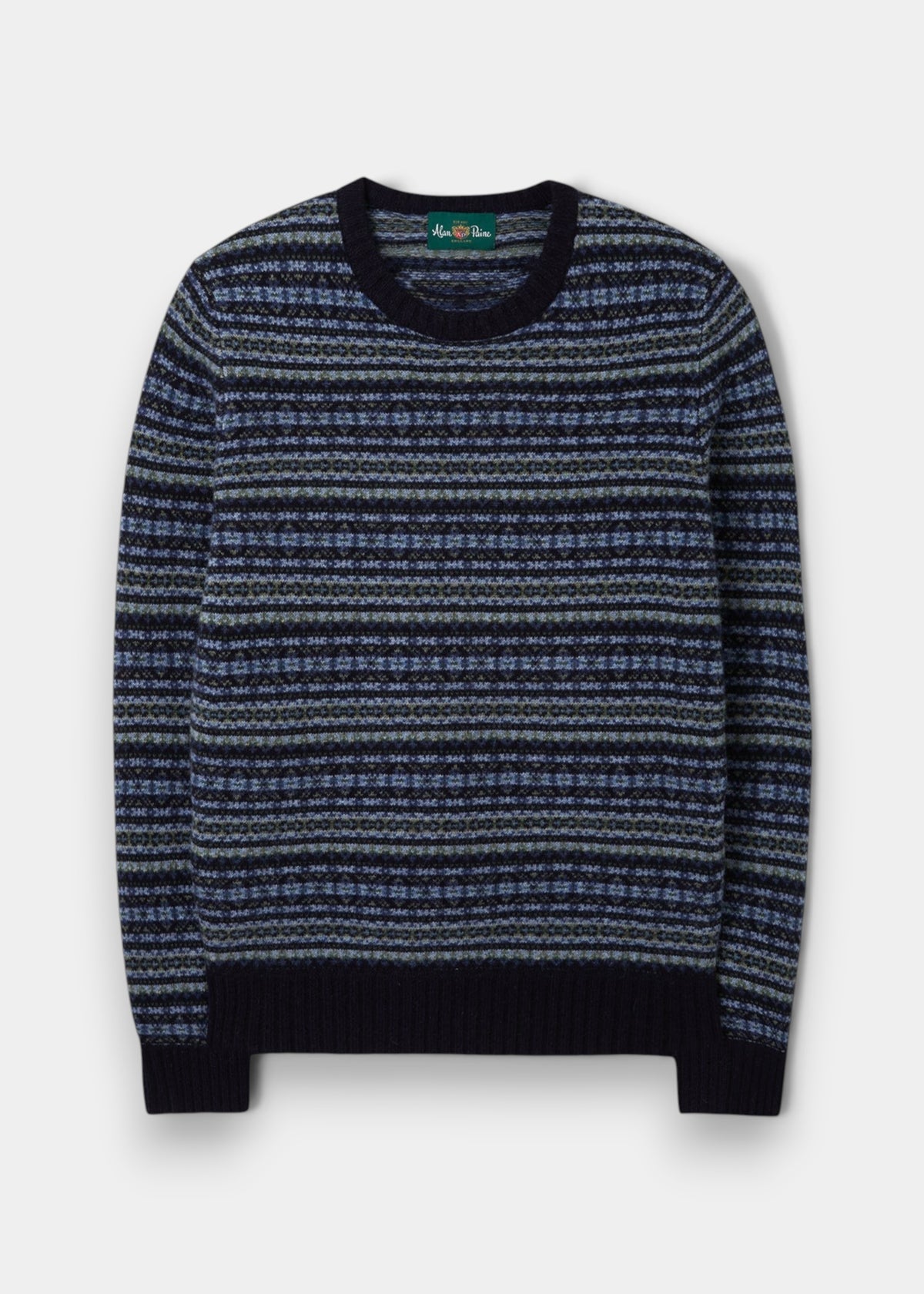 Alan Paine navy lambswool jumper featuring a traditional Fair Isle pattern with ribbed cuffs and hem.