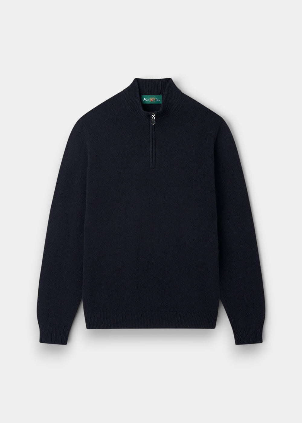 Alan Paine navy lambswool quarter zip jumper with a mock neck, ribbed hem, and leather zip pull detail.