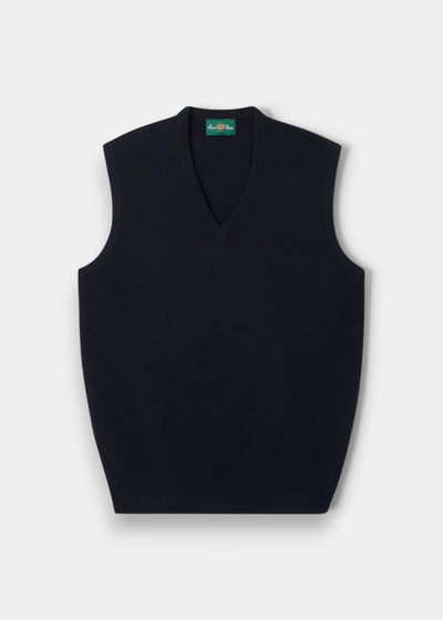 Alan Paine navy lambswool slipover with a classic fit, v-neck, and ribbed hem, perfect for layering.