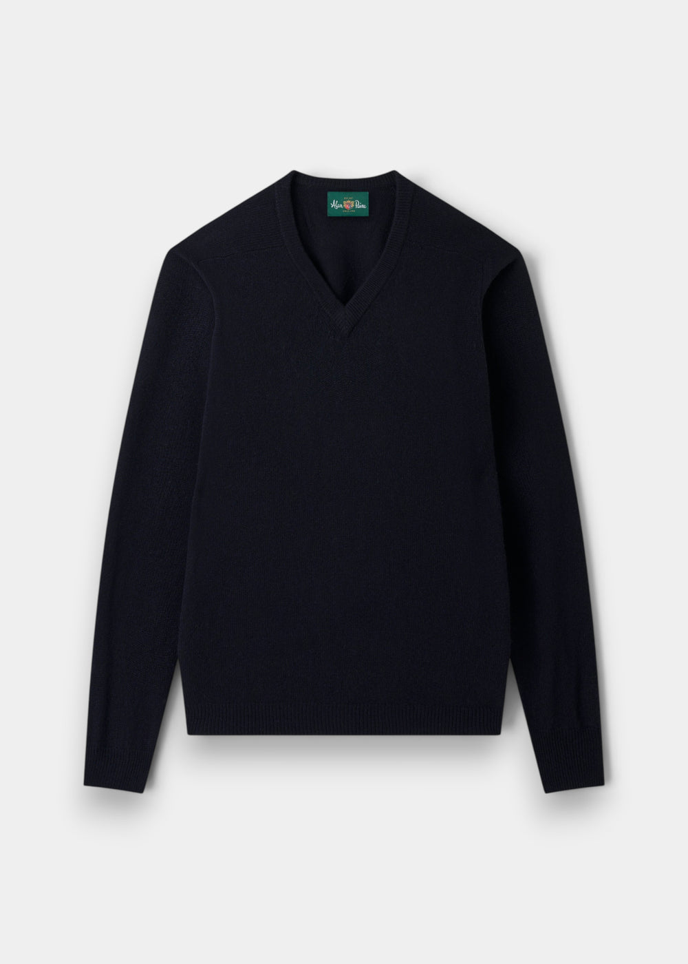 Navy Hampshire lambswool V-neck jumper, classic fit, with long sleeves, laid flat on a white background.