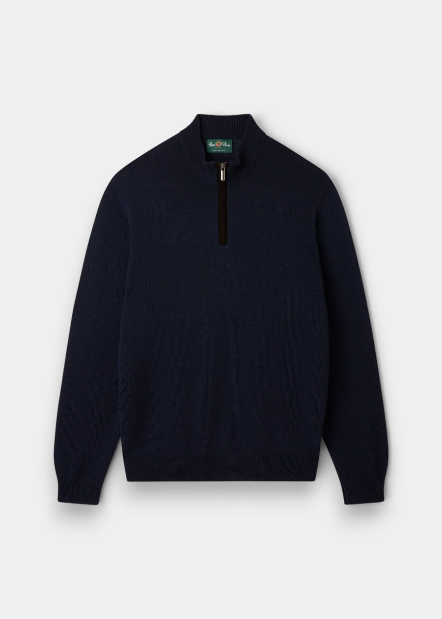 Kinmere Merino Wool Quarter Zip Jumper in dark navy, laid flat on a white background.