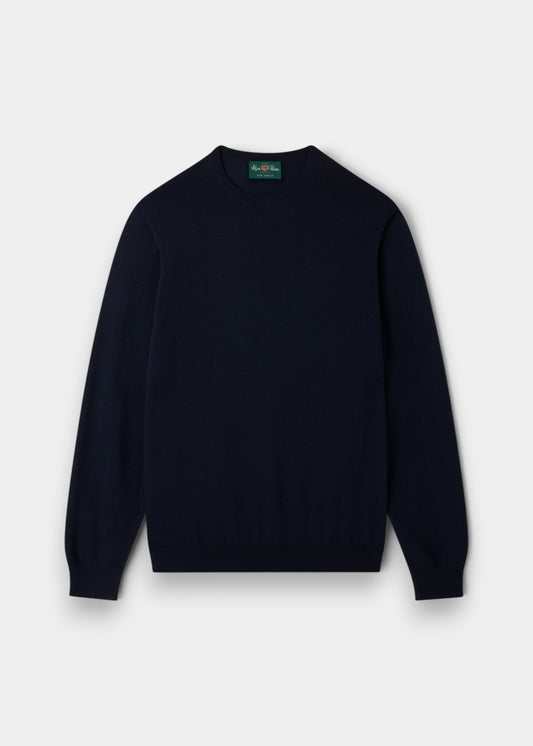 Alan Paine Radstone men's crew neck jumper in dark navy made from 100% fine Italian merino wool with ribbed cuffs.