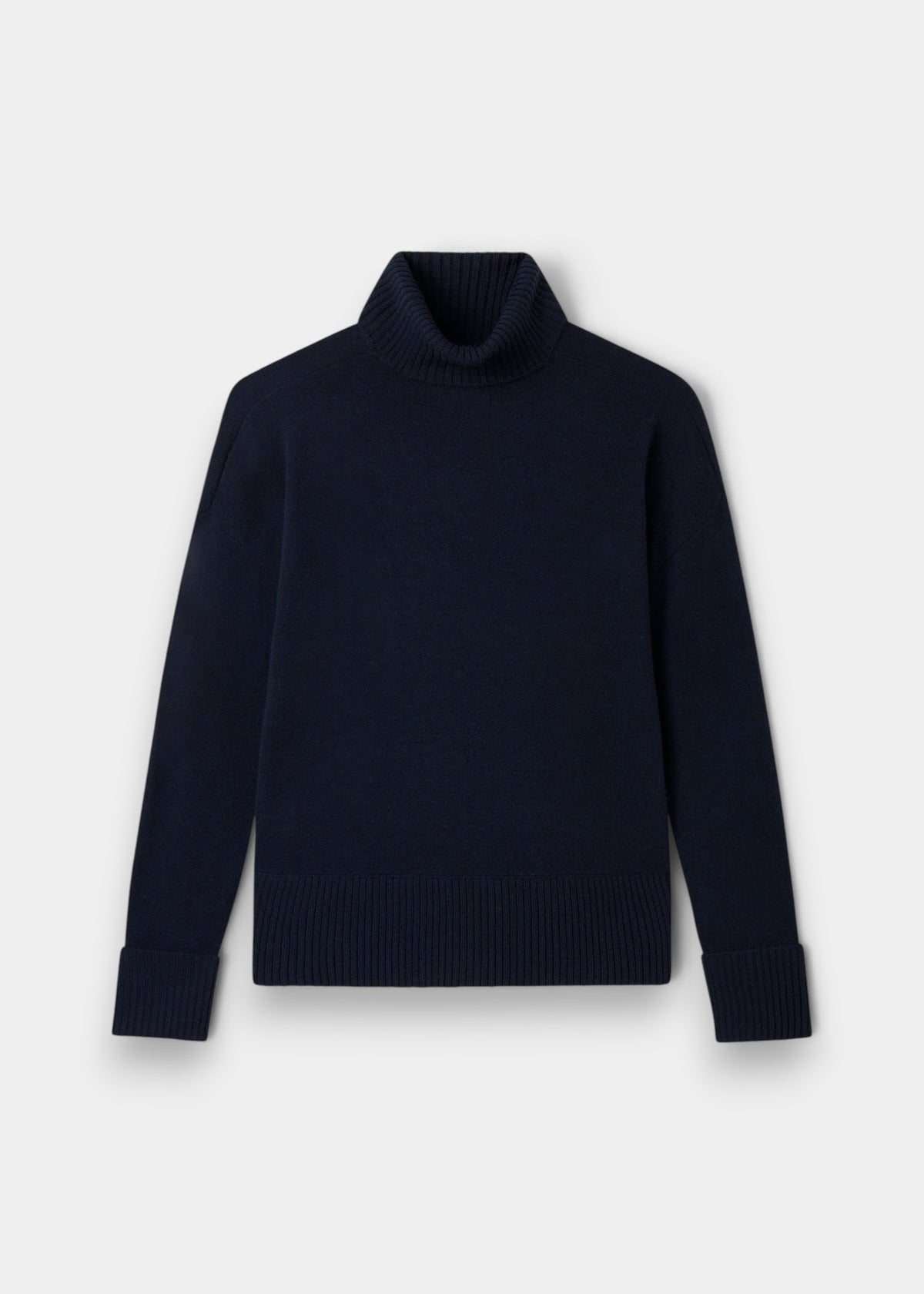 Alexa Wool & Cashmere Roll Neck Jumper in dark navy with ribbed cuffs, collar, and hem, laid flat on light background.