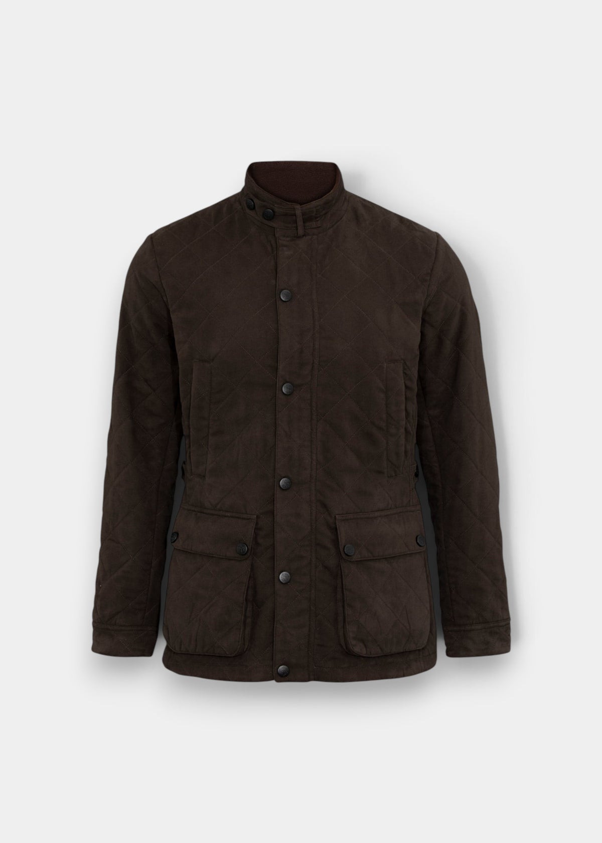 Felwell Men’s Olive Quilted Jacket: stand collar, snap buttons, 2 front pockets, fleece lined for extra warmth.