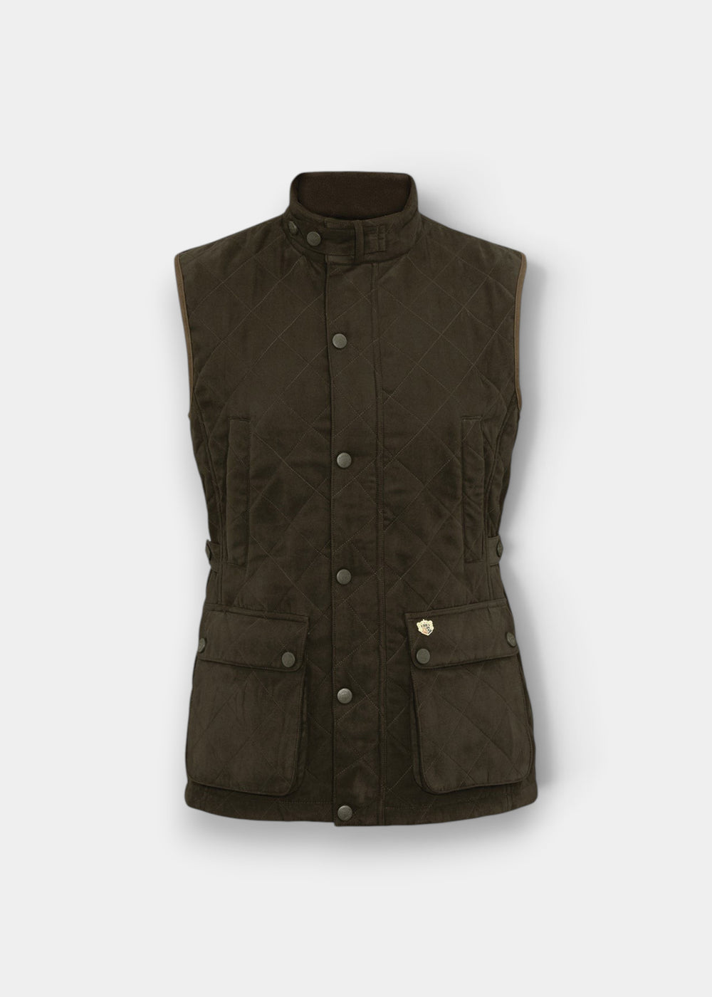 Felwell Men’s Waistcoat in olive with snap buttons, stand-up collar, flap pockets, and gold emblem on the pocket.