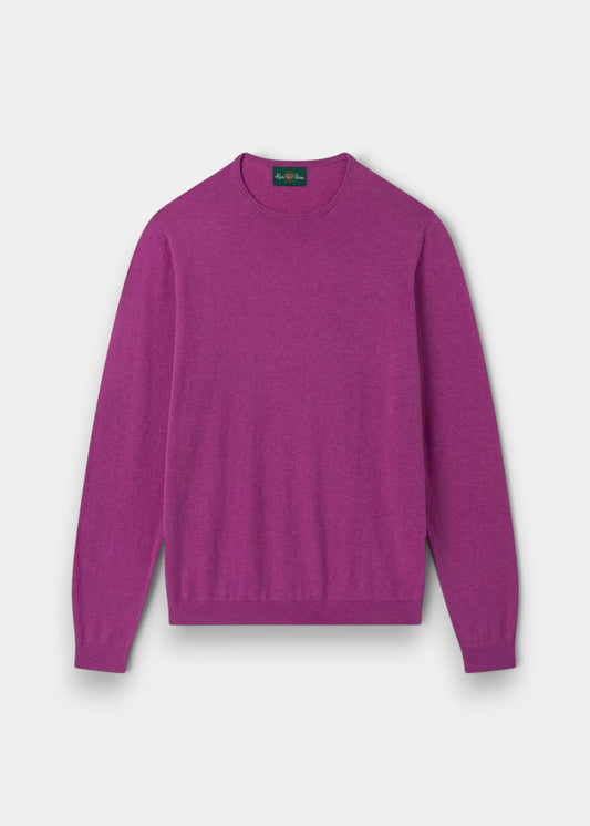 Alan Paine men's luxury orchid purple crew neck jumper in a soft pima cotton, silk, and cashmere blend.