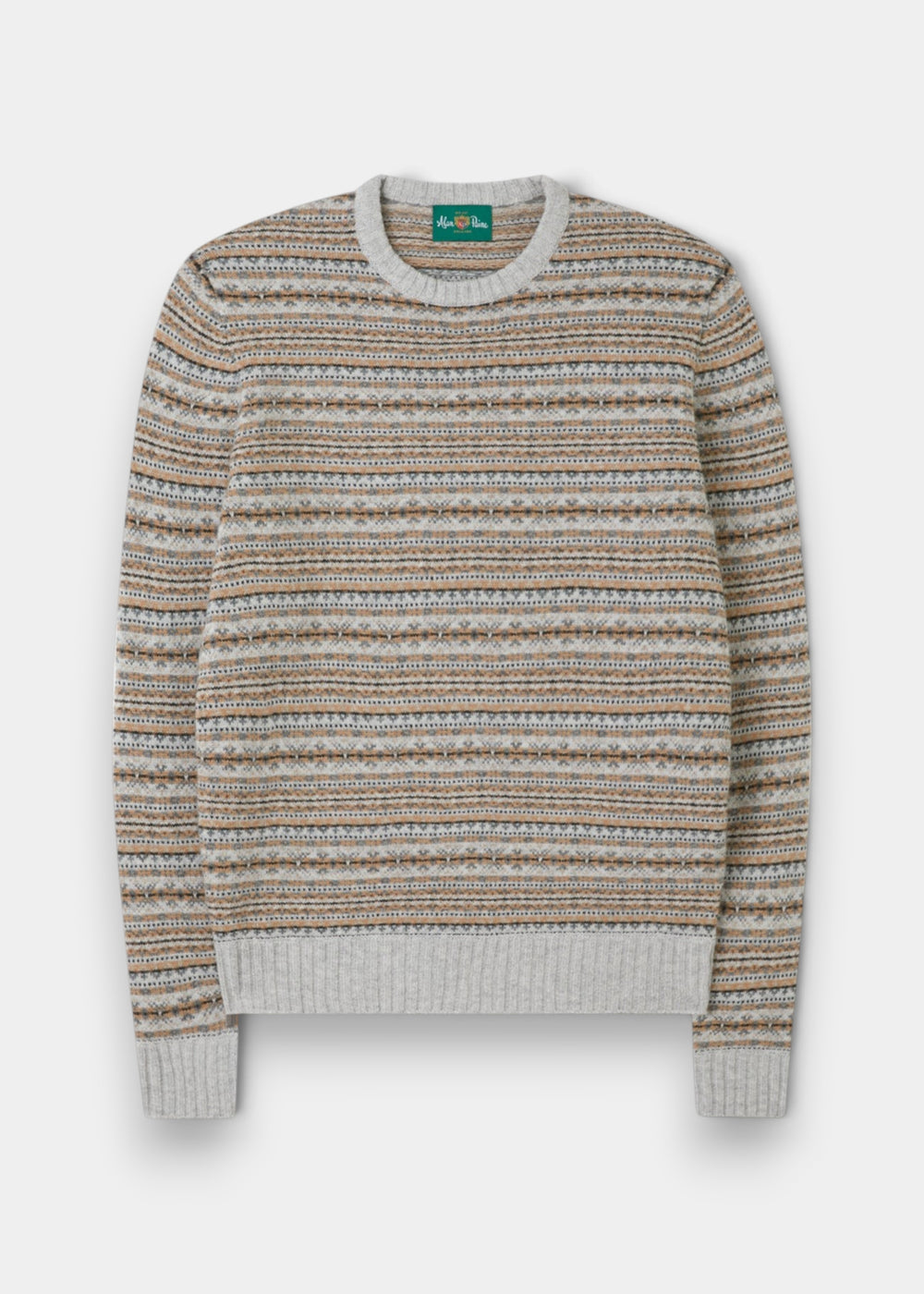 Alan Paine pearl grey lambswool jumper with a traditional Fair Isle pattern, ribbed cuffs, and a crew neckline.