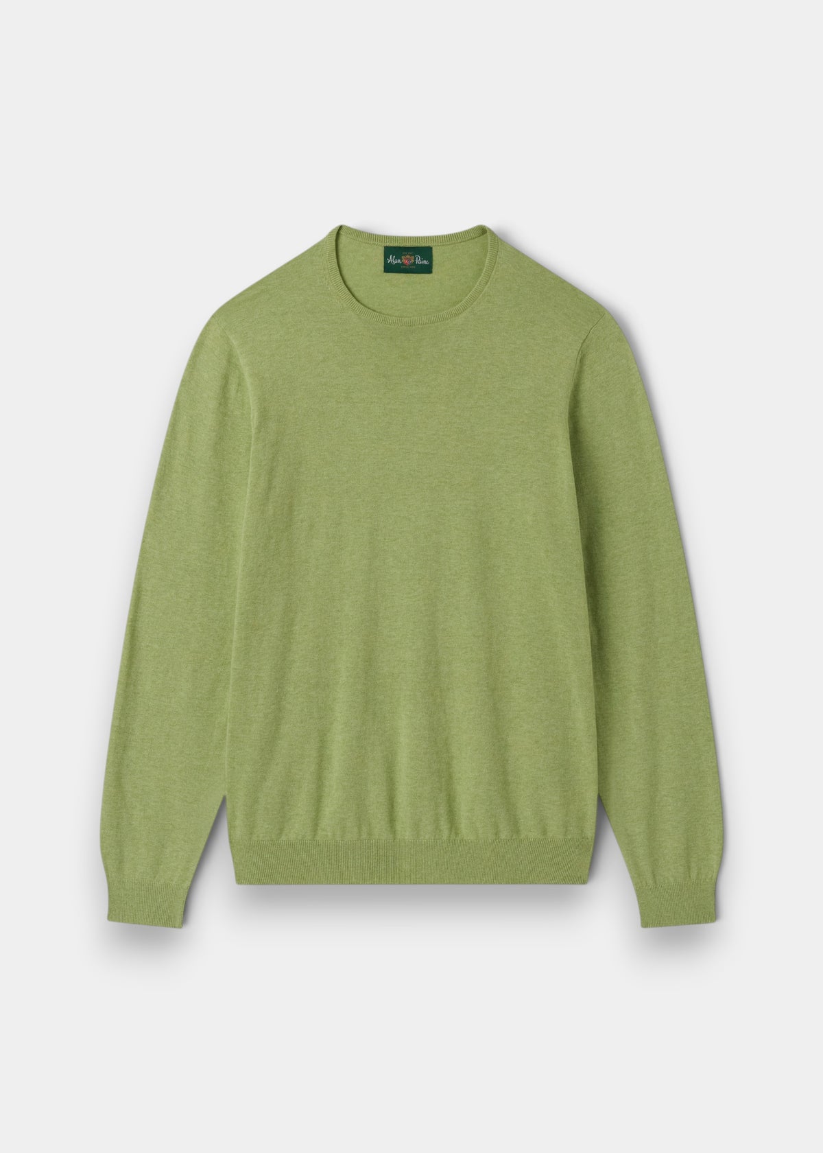 Alan Paine men's pistachio green crew neck jumper in a soft pima cotton, silk, and cashmere blend with ribbed trim.