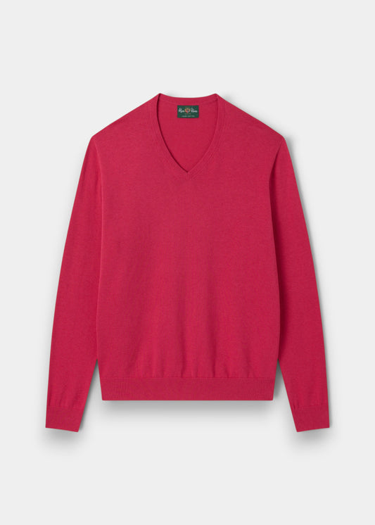 Alan Paine Rothwell raspberry v-neck jumper in a soft Pima cotton and cashmere blend with ribbed hem and cuffs.