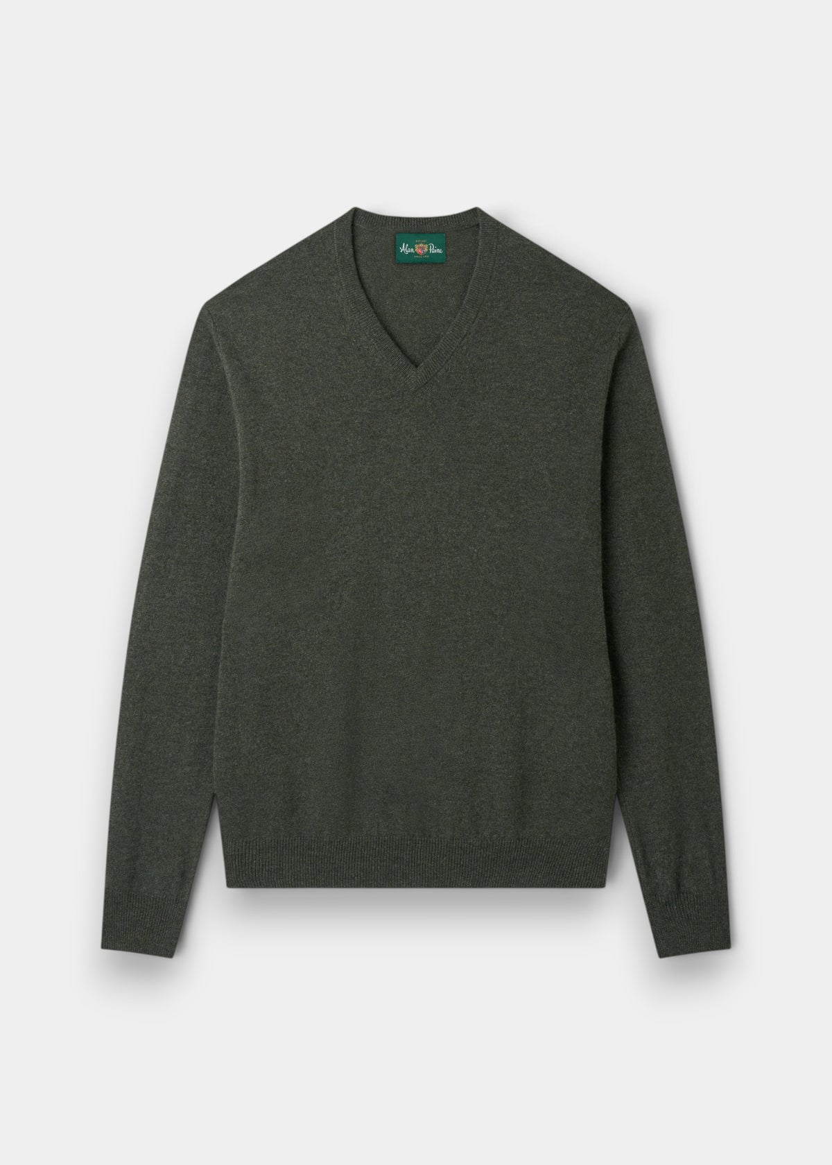 Alan Paine Haddington rosemary green v-neck cashmere jumper with ribbed hem and cuffs in a regular fit.