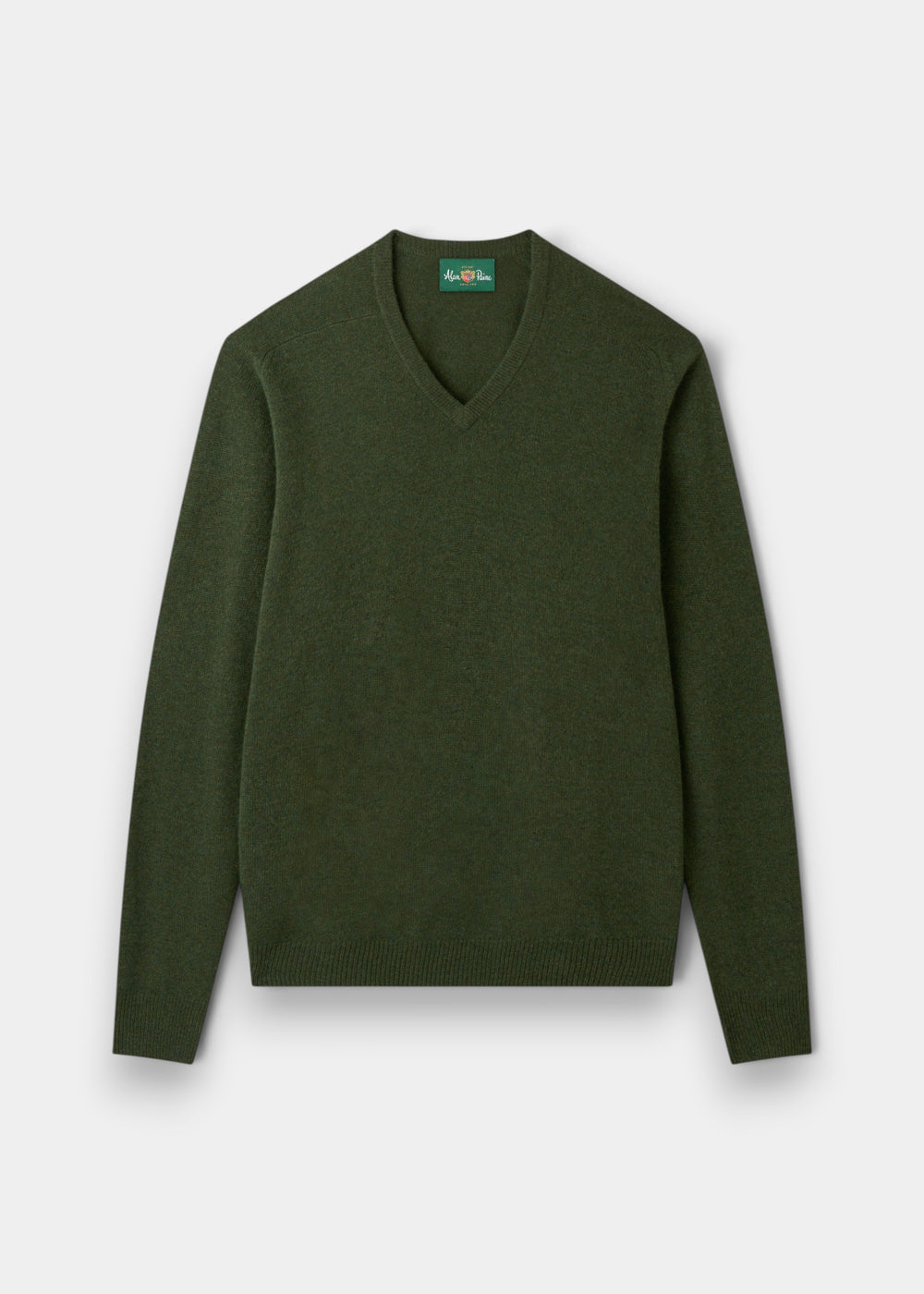Alan Paine rosemary green V-neck jumper in soft lambswool with a classic fit, saddle shoulders, and ribbed trim.