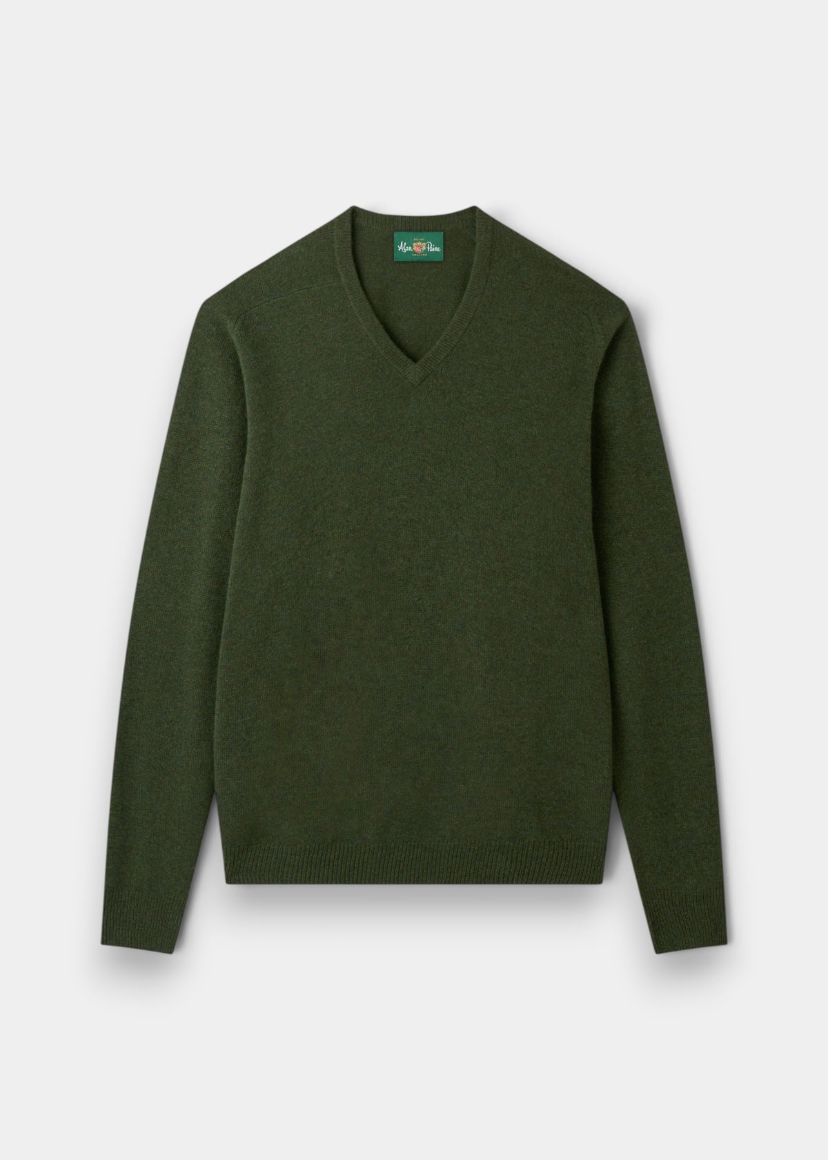 Alan Paine rosemary green V-neck jumper in soft lambswool with a classic fit, saddle shoulders, and ribbed trim.