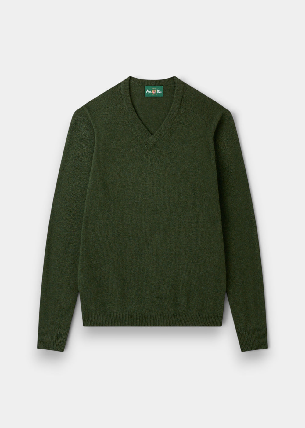 Alan Paine Kilsyth men's V-neck jumper in rosemary green lambswool with ribbed cuffs and hem