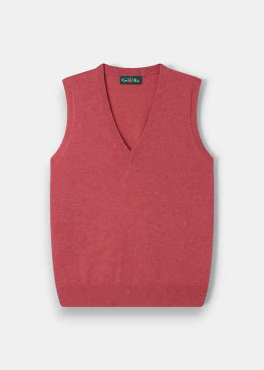 Erin Wool & Cashmere V-Neck Slipover in Rouge: Sleeveless red vest with V-neck, shown laid flat on white background.