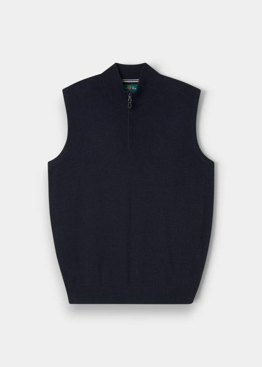 Alan Paine Rowley men's dark navy 1/4 zip gilet in a soft cotton cashmere blend with a ribbed collar and hem.