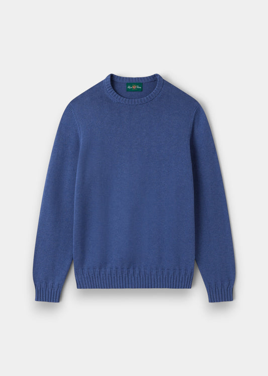 Alan Paine Salterton men's crew neck jumper in indigo mix 100% cotton with a 7-gauge knit texture.