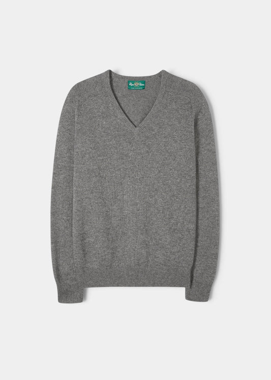 Alan Paine Selkirk grey cashmere v-neck jumper with saddle shoulders and ribbed cuffs in a classic fit