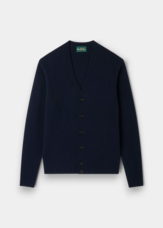 Alan Paine Kinloch men's Shetland wool cardigan in dark concord purple with a V-neck and button-up front.